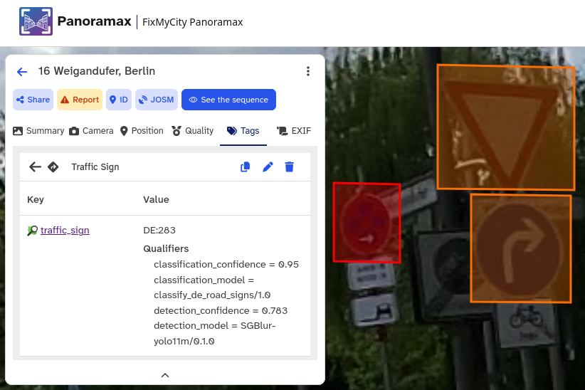 in the web interface, annotation bounding boxes enclose each sign in the image, and an info panel shows the main tag with German sign type and model qualifiers